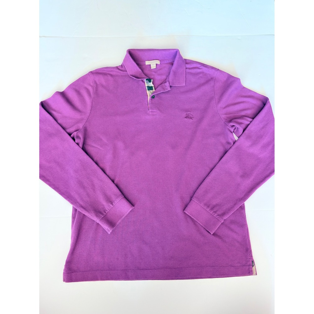 Burberry Brit Mens Large Purple Cotton Long Sleeve Polo Shirt Nova Check Trim
